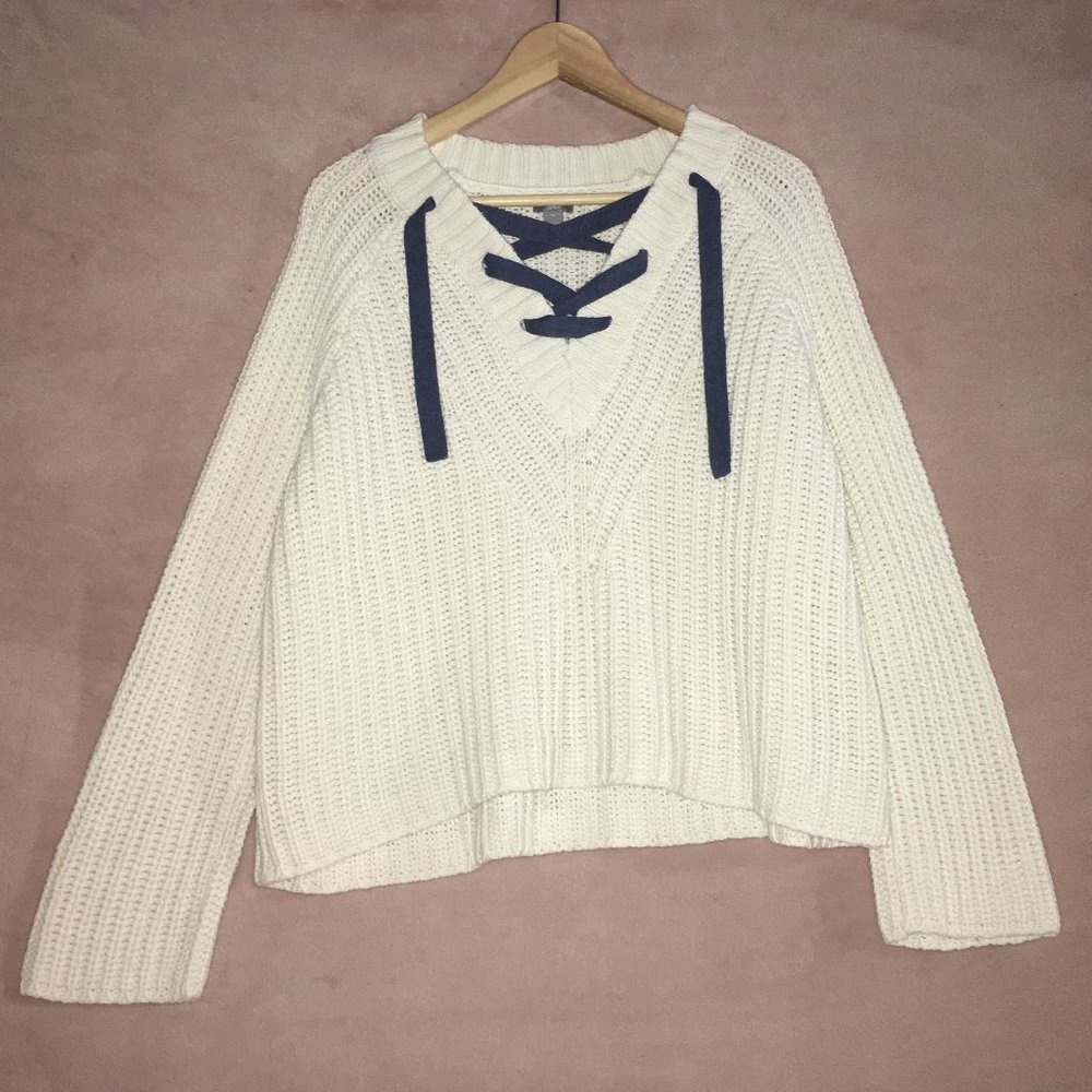 Cross Front Lace-Up Chunky Knit Sweater Plunge V